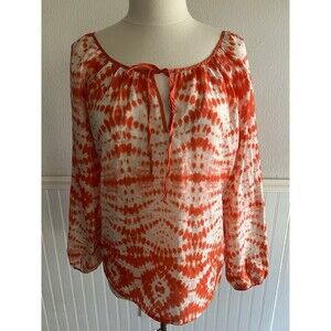 Women's 100% Silk Long Sleeve Blouse Split Neck Tie Dye Print Orange White M